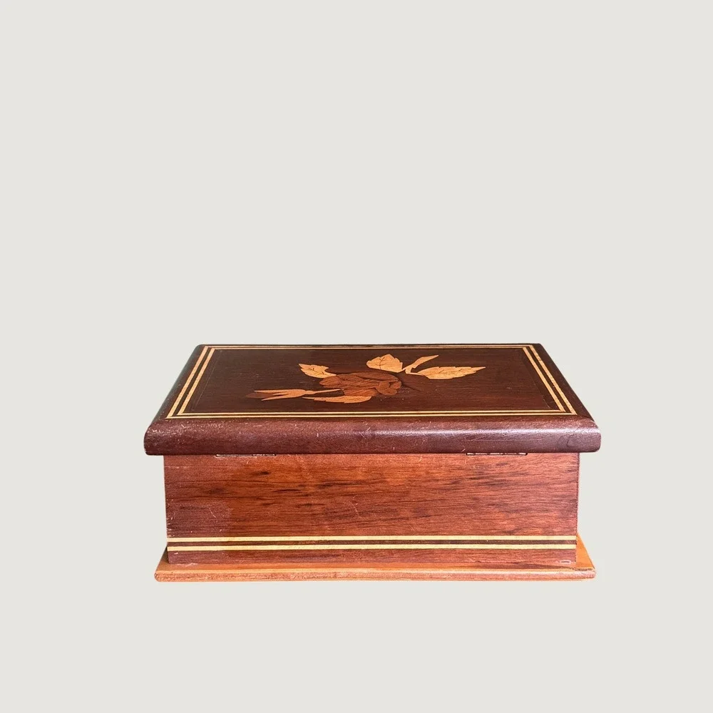 Vintage Brazilian Marquetry Wood Jewelry Box Rose Inlay Velvet Lined